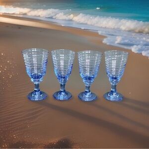 Vtg SET of 4 LIBBEY Sirrus Light Blue Wine Water Goblets- Spool Stem Glasses